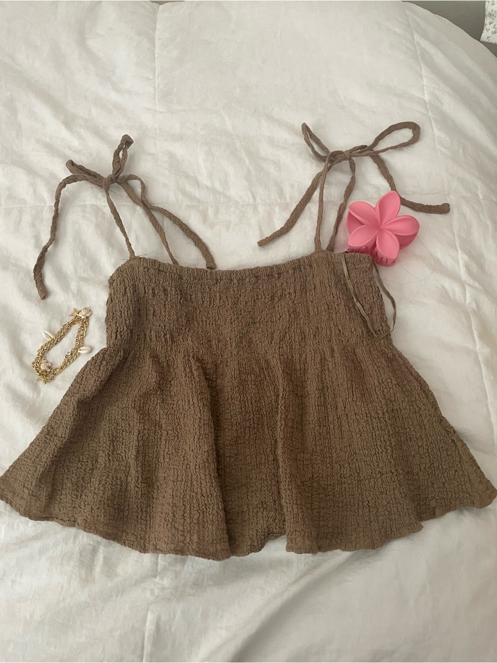 ASTR Brown Smocked Ruffle Tank Top